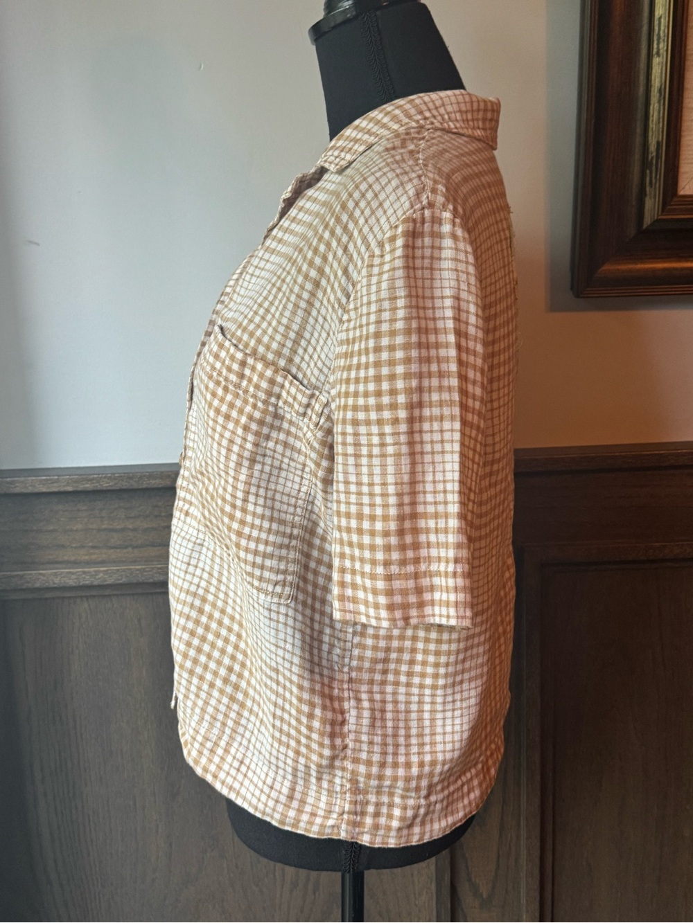Everlane Linen Short-Sleeve Checked Button-Up Top - Tan White small - Picture 3 of 8